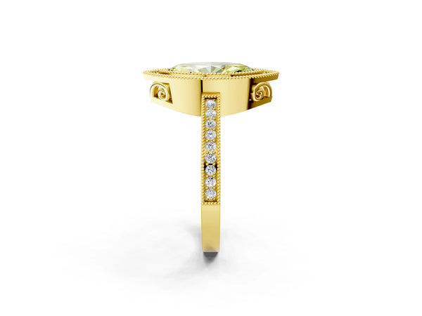 Yellow gold Fancy Yellow Marquise  Cut Halo Diamond Ring with Pavé Band and Milgrain Prong Setting