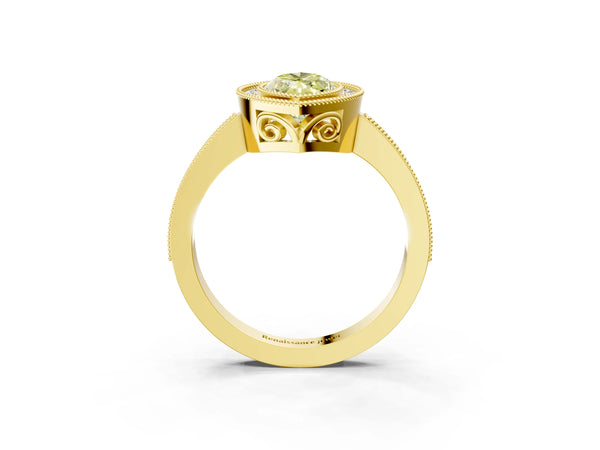 Yellow gold Fancy Yellow Marquise  Cut Halo Diamond Ring with Pavé Band and Milgrain Prong Setting