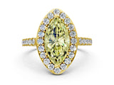 Yellow gold Fancy Yellow Marquise Cut Halo Diamond Ring with Pavé Band and Three-Prong Setting