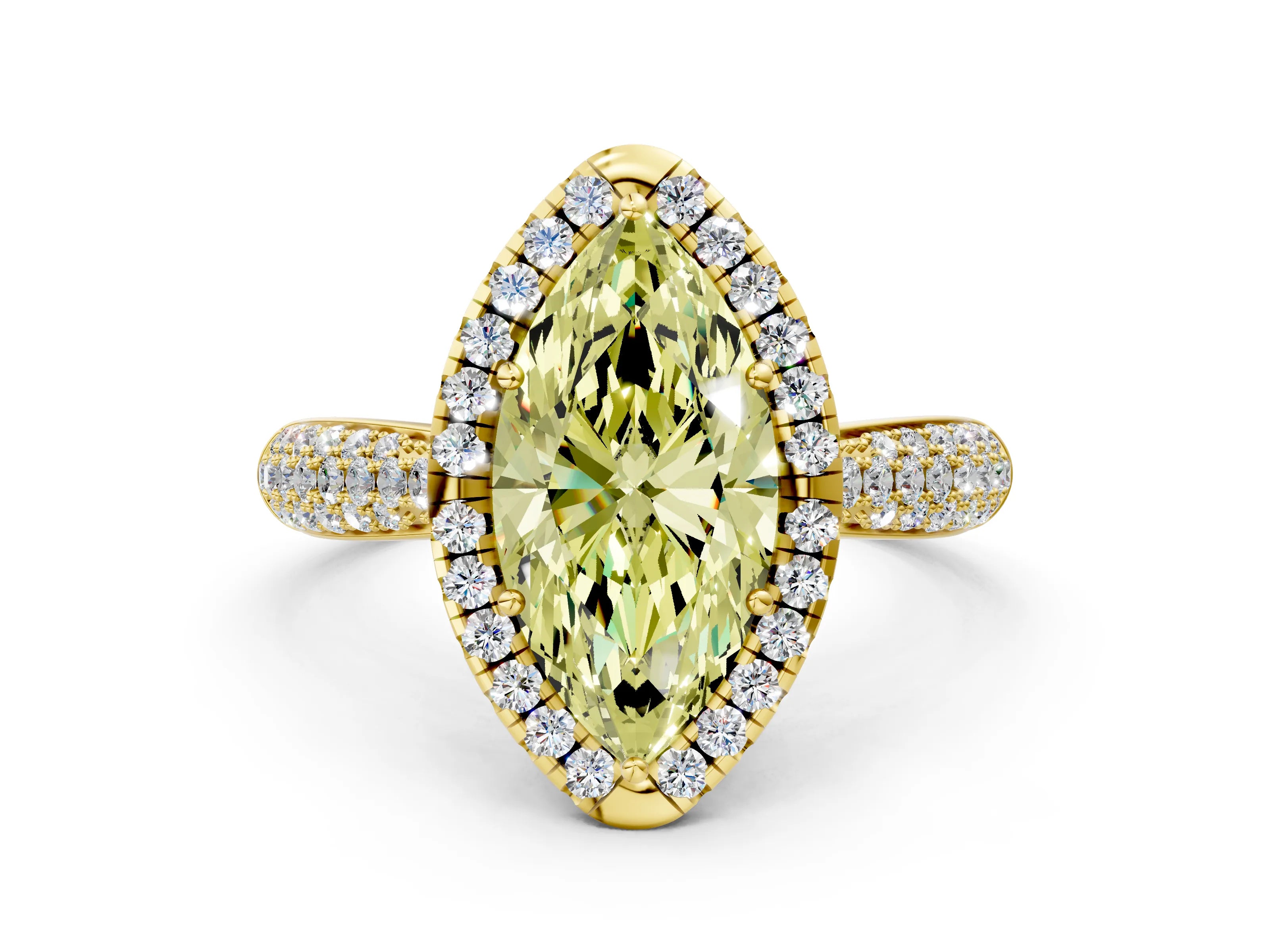 Yellow gold Fancy Yellow Marquise Cut Halo Diamond Ring with Pavé Band