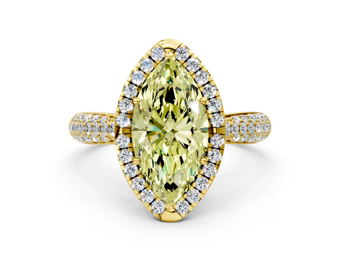 Yellow gold Fancy Yellow Marquise Cut Halo Diamond Ring with Pavé Band