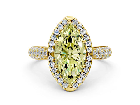Yellow gold Fancy Yellow Marquise Cut Halo Diamond Ring with Pavé Band