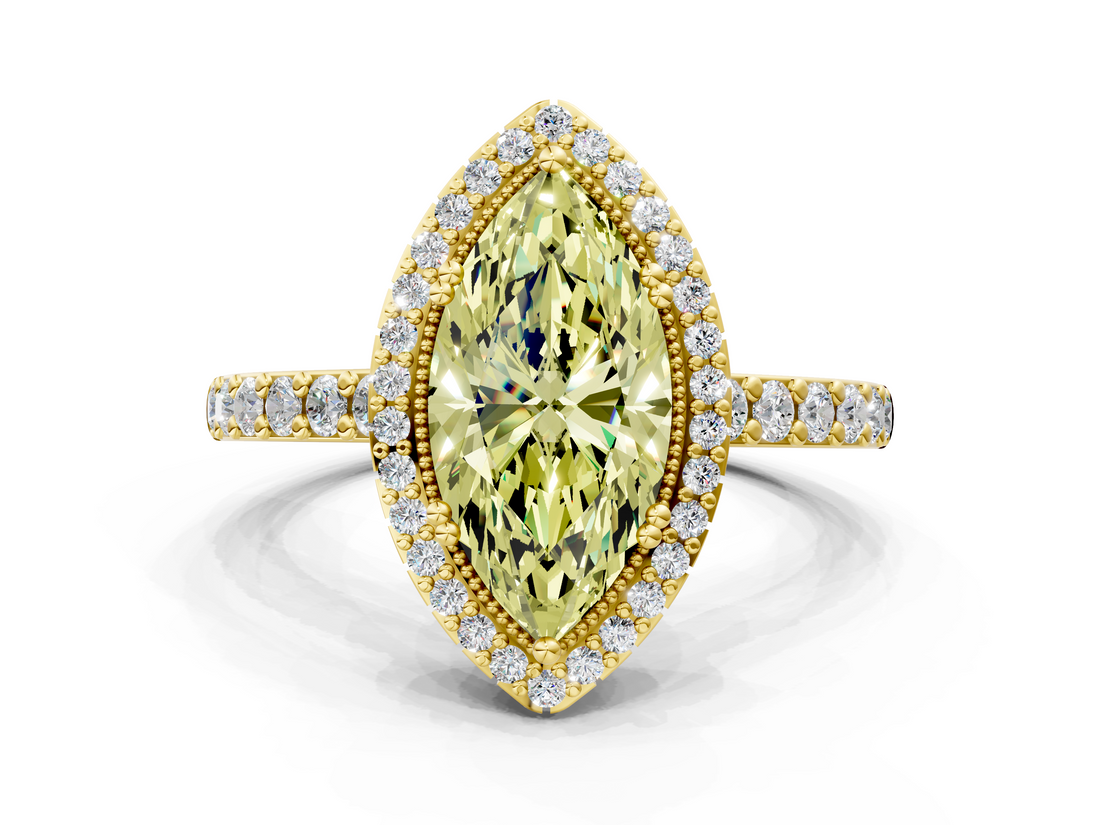 Yellow gold Fancy Yellow Marquise  Cut Halo Diamond Ring with Pave Band and Four-Prong Setting