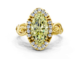 Yellow gold Fancy Yellow Marquise  Cut Halo Diamond Ring with Scrollwork Band and Four-Prong Setting
