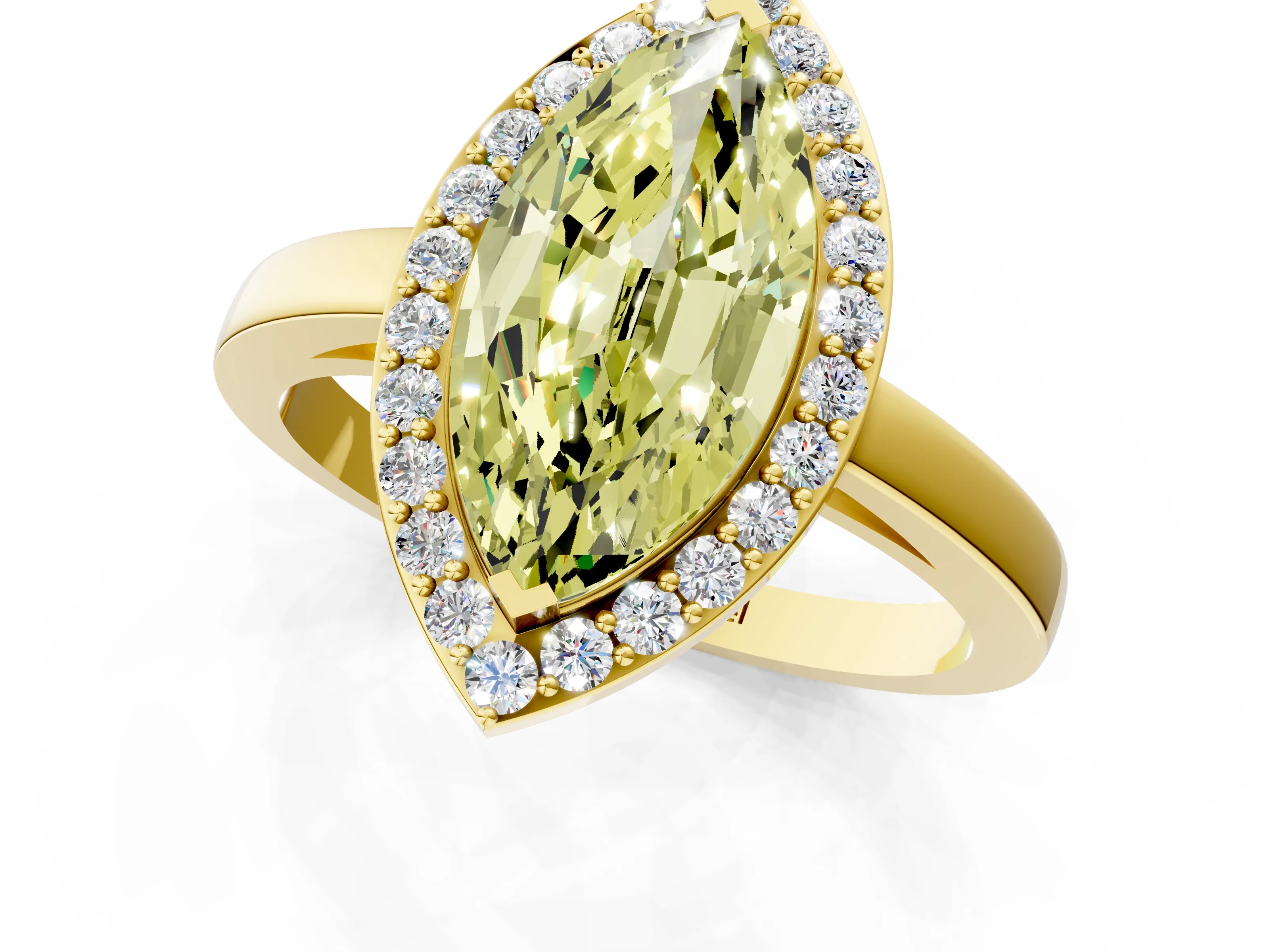 Yellow gold Fancy Yellow Marquise Cut Halo Diamond Ring with Solitaire Band and Prong Setting_1