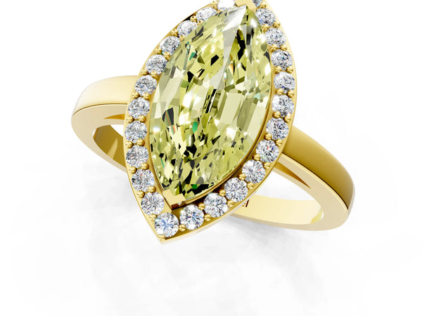 Yellow gold Fancy Yellow Marquise Cut Halo Diamond Ring with Solitaire Band and Prong Setting