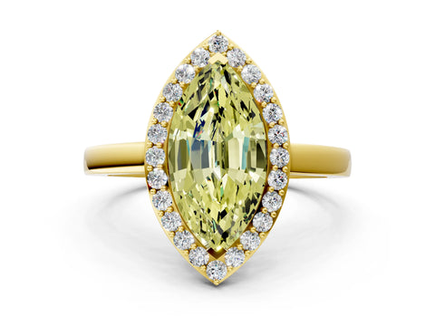 Yellow gold Fancy Yellow Marquise Cut Halo Diamond Ring with Solitaire Band and Prong Setting