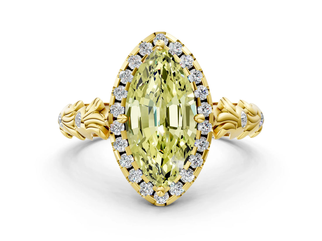 Yellow gold Fancy Yellow Marquise Cut Halo Diamond Solitaire with Filigree Band and Four-Prong Setting