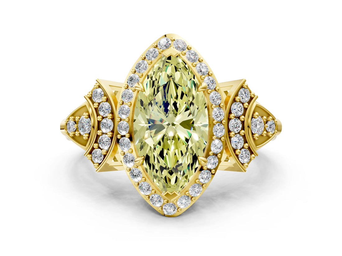 Yellow gold Fancy Yellow Marquise Cut Halo Diamond Split Shank Engagement Ring with Four-Prong Setting