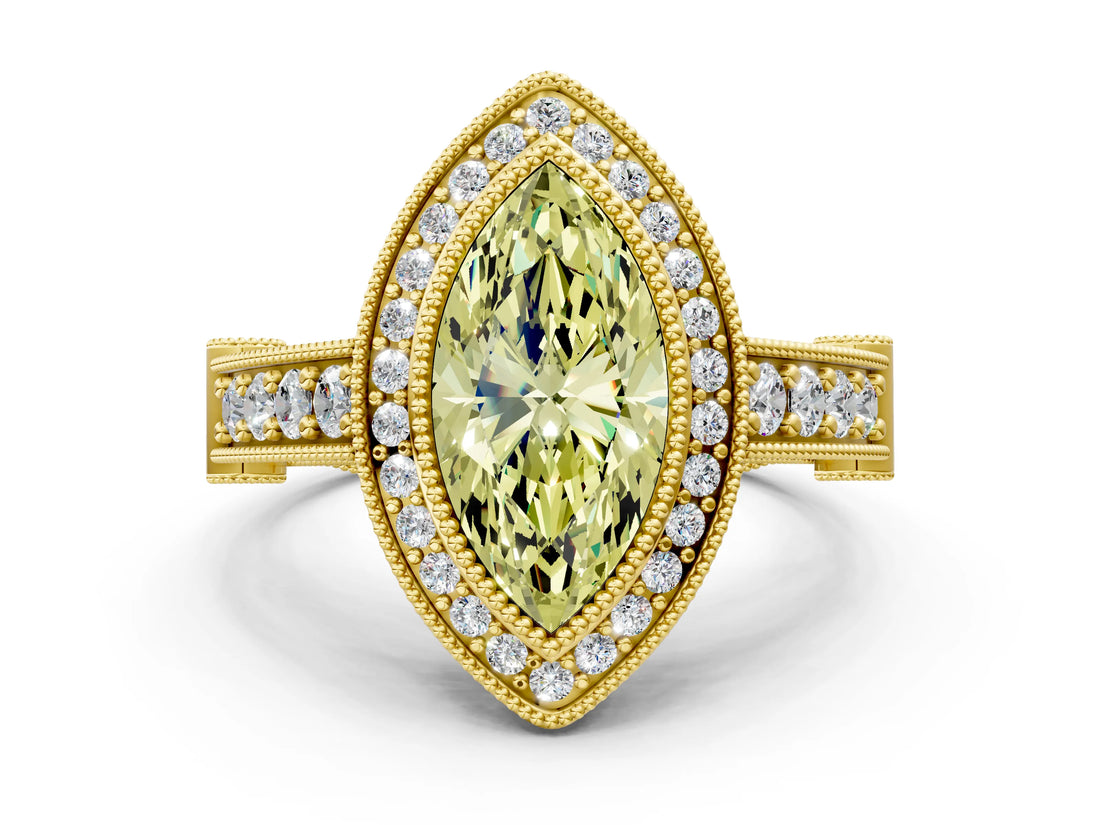 Yellow gold Fancy Yellow Marquise Cut Halo Diamond Split Shank Pave Ring