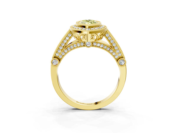 Yellow Gold Marquise Vintage Bezel Halo Engagement Ring Setting for Fancy Yellow Center