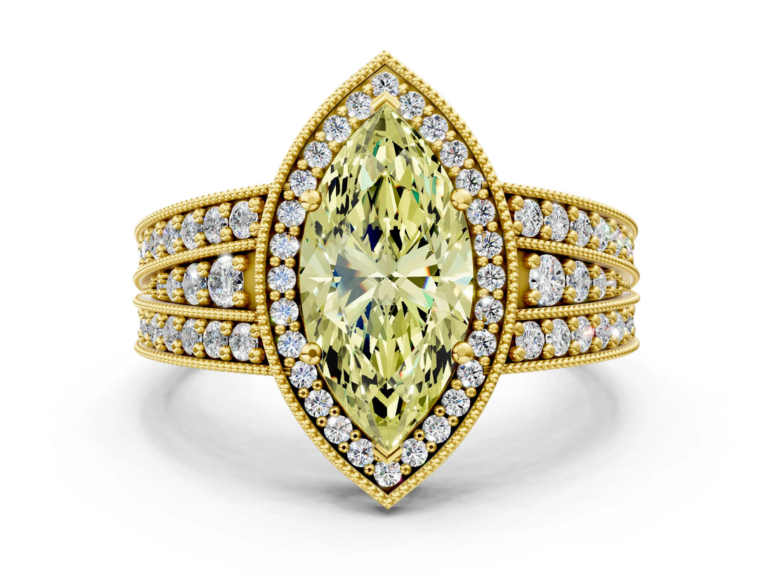 Yellow gold Fancy Yellow Marquise Cut Halo Diamond Split Shank Ring with Prong Setting
