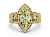 Yellow gold Fancy Yellow Marquise Cut Halo Diamond Split Shank Ring with Prong Setting