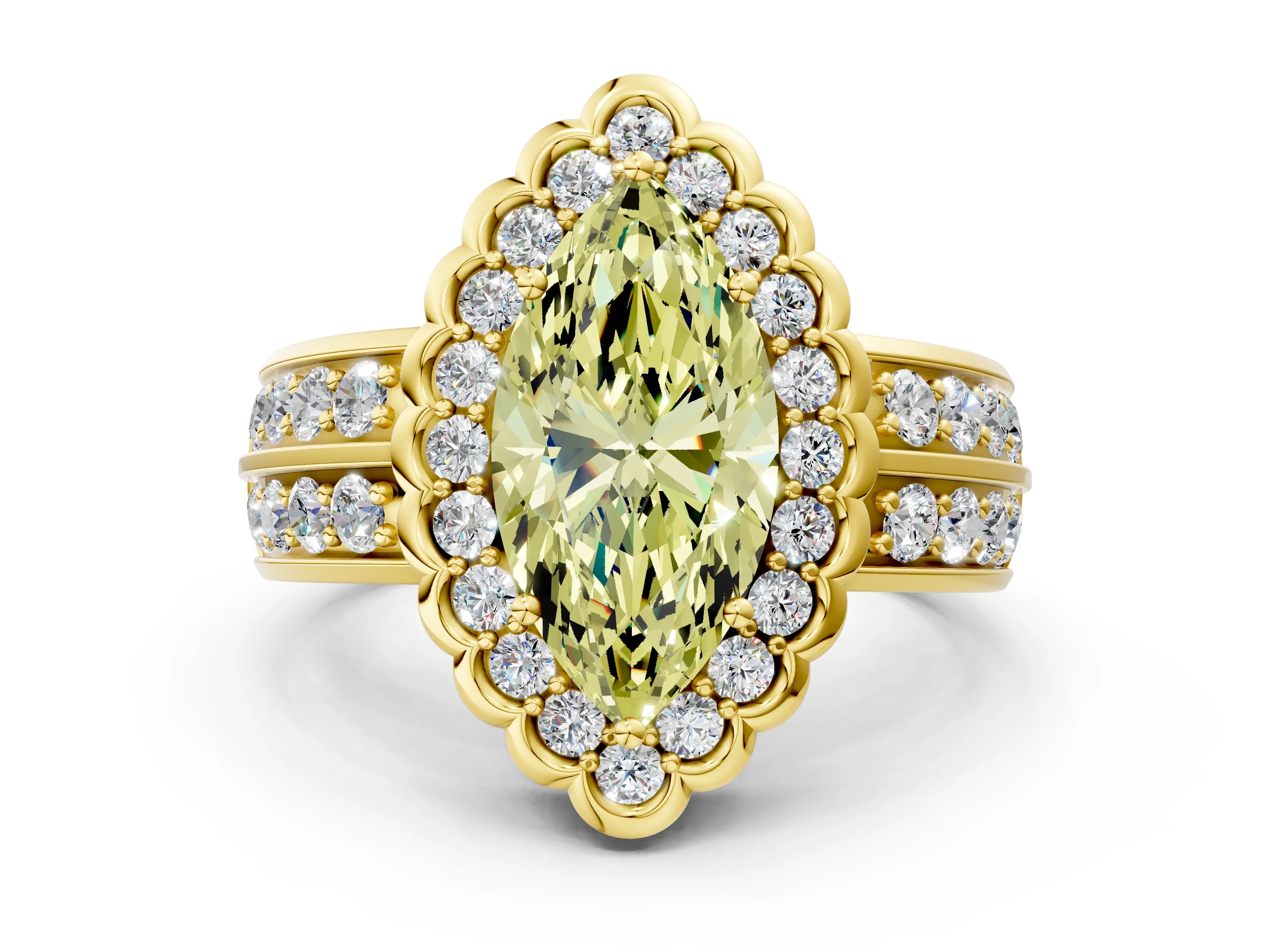 Yellow gold Fancy Yellow Marquise Cut Halo Diamond Split Shank Ring with Scalloped Prong Setting