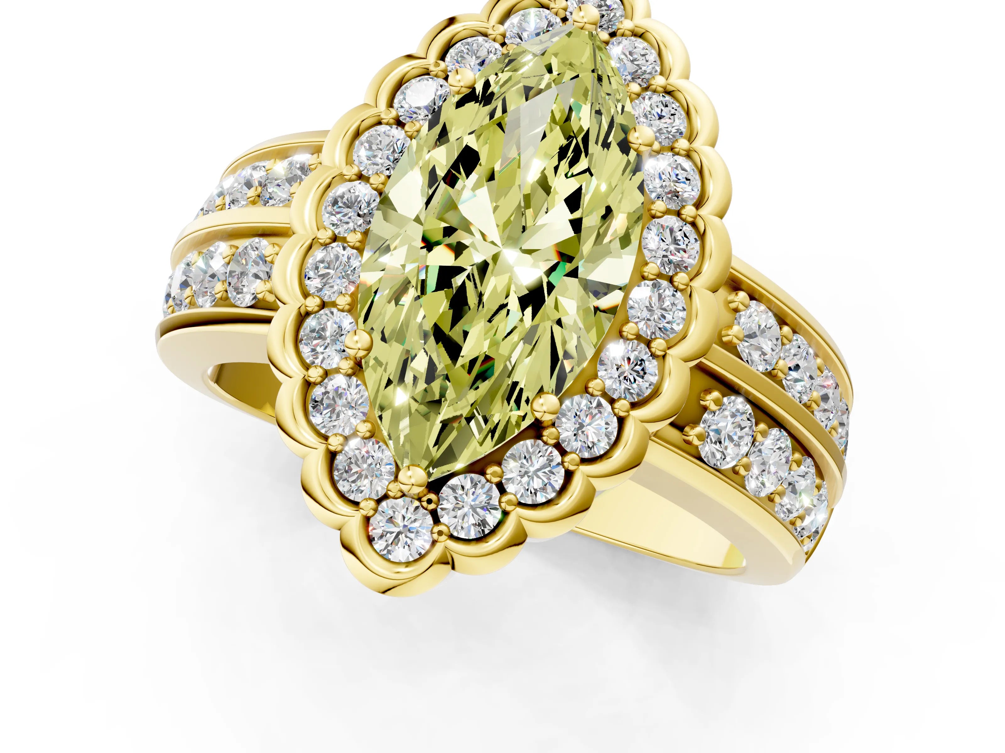 Yellow gold Fancy Yellow Marquise Cut Halo Diamond Split Shank Ring with Scalloped Prong Setting_1
