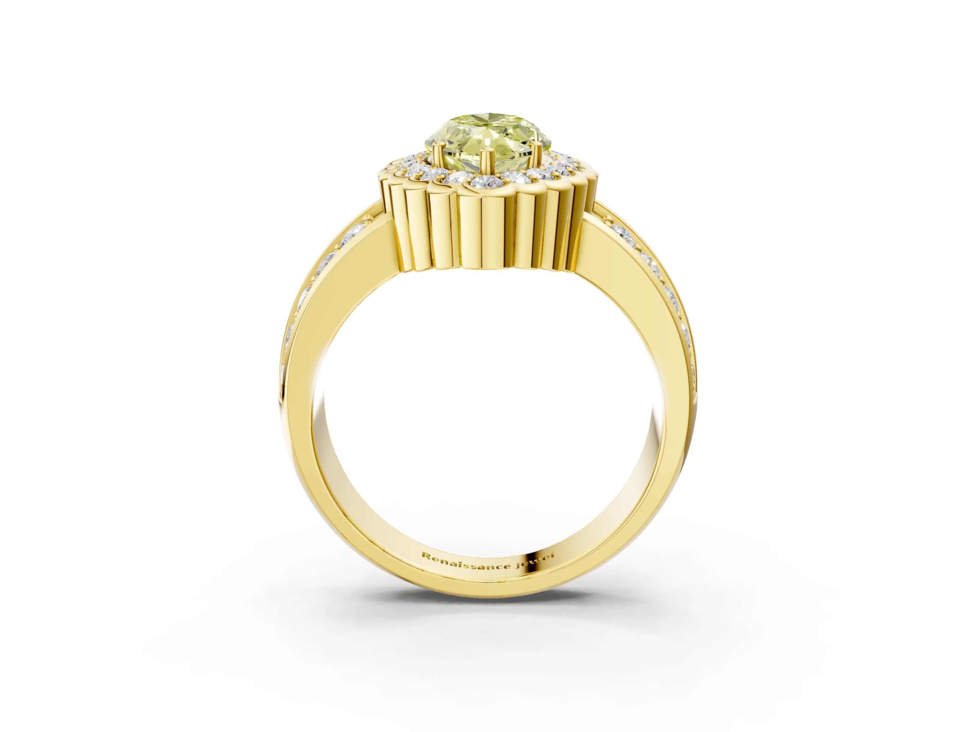 Yellow gold Fancy Yellow Marquise Cut Halo Diamond Split Shank Ring with Scalloped Prong Setting_3