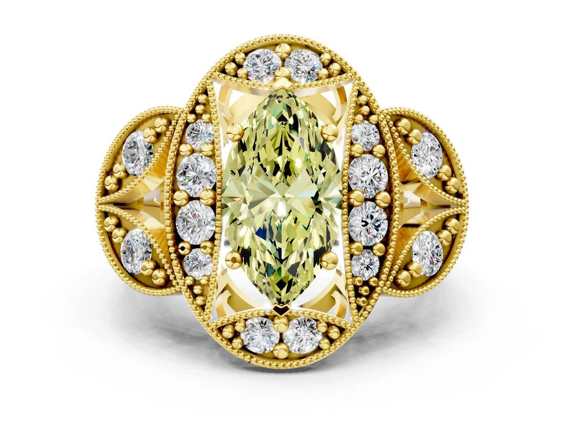 Yellow gold Fancy Yellow Marquise Cut Halo Milgrain Diamond Engagement Ring with Leaf Band and Four-Prong Setting