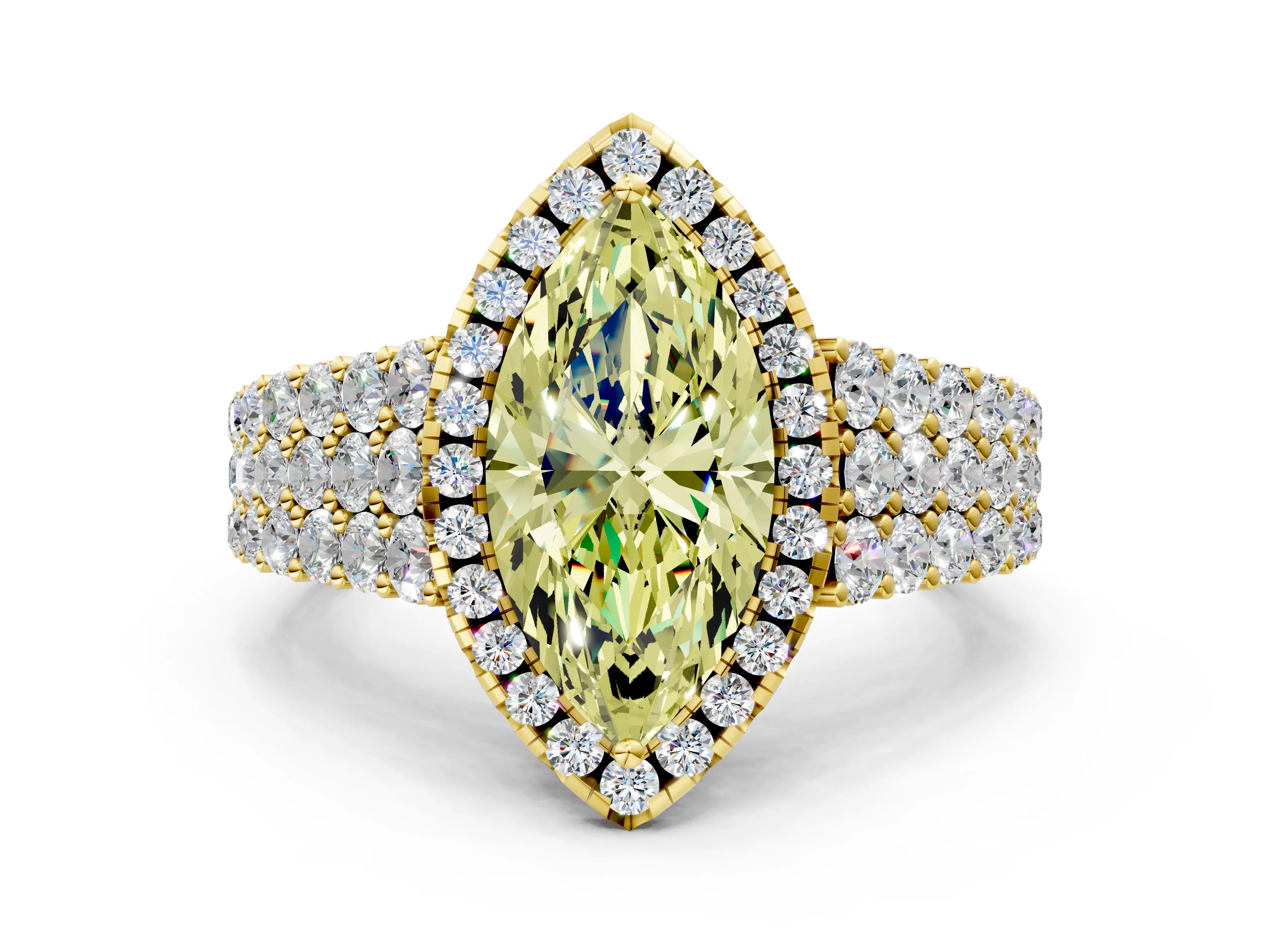 Yellow gold Fancy Yellow Marquise Cut Halo Pavé Diamond Engagement Ring with Split Shank and Four-Prong Setting_3