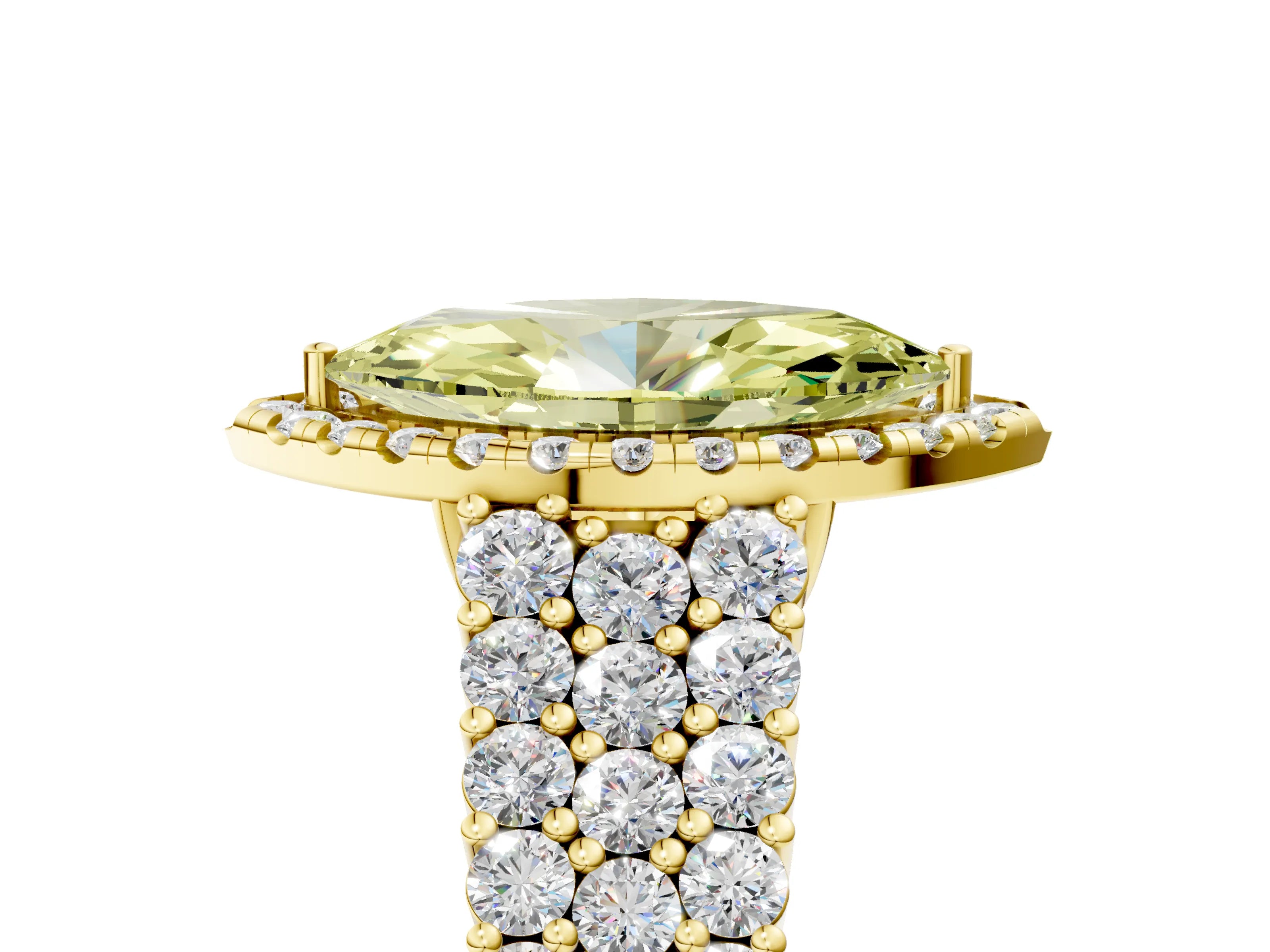 Yellow gold Fancy Yellow Marquise Cut Halo Pavé Diamond Engagement Ring with Split Shank and Four-Prong Setting_8