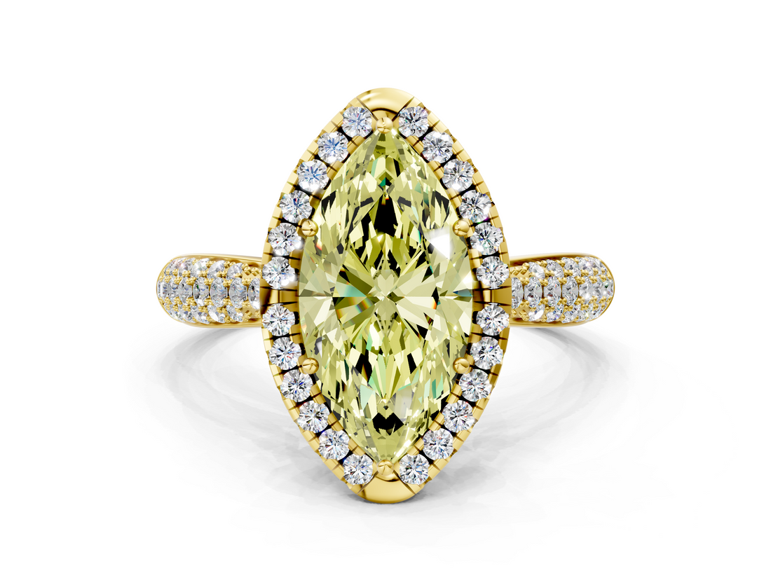 Yellow gold Fancy Yellow Marquise  Cut Halo Pave Band Four-Prong Setting Ring
