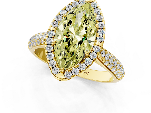 Yellow gold Fancy Yellow Marquise  Cut Halo Pave Band Four-Prong Setting Ring