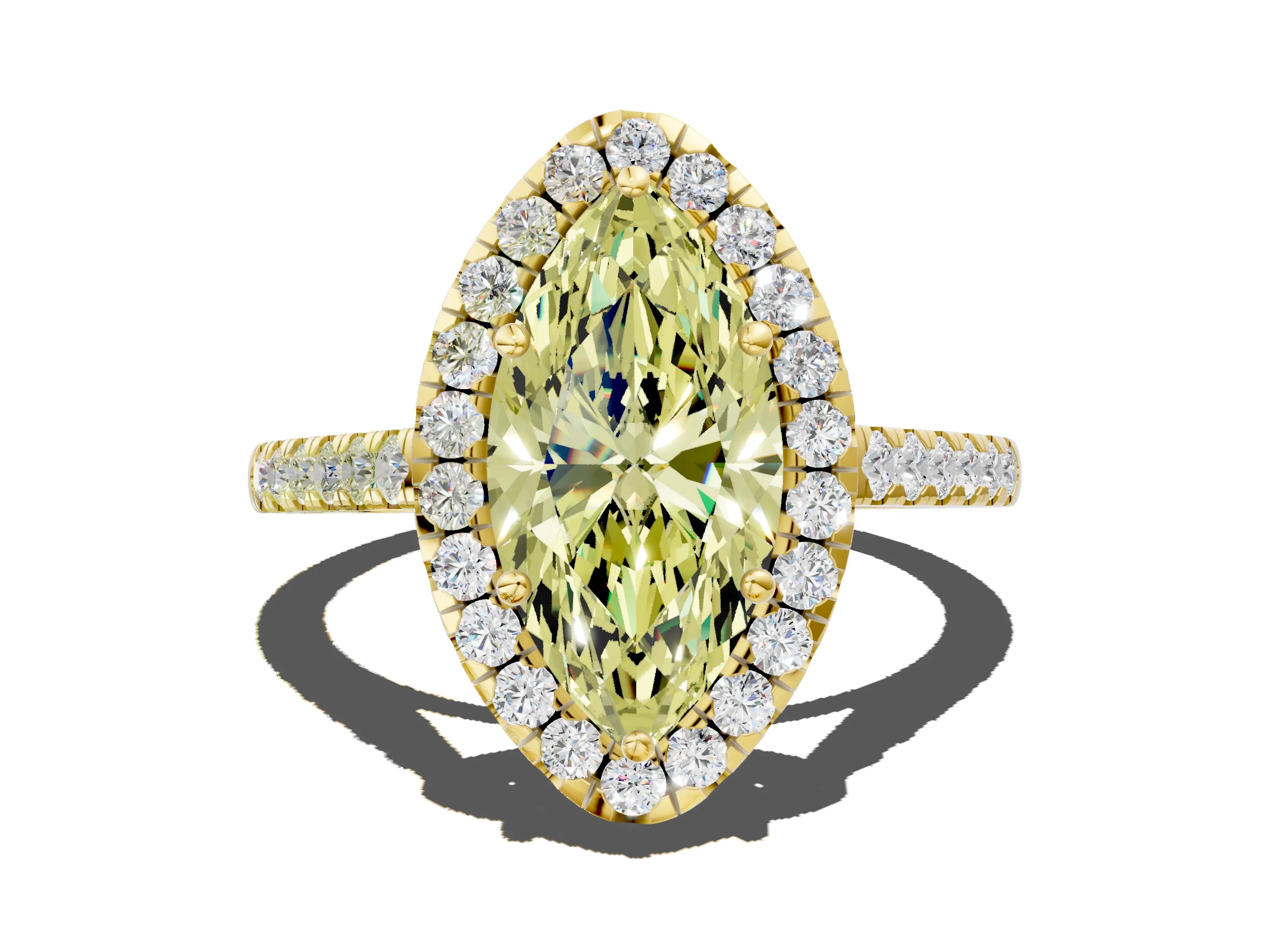 Yellow gold Fancy Yellow Marquise Cut Halo Pave Diamond Engagement Ring with Four-Prong Setting