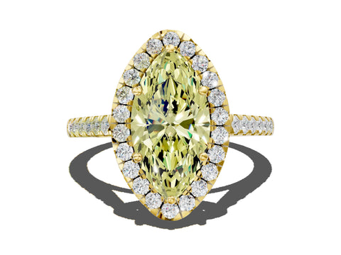 Yellow gold Fancy Yellow Marquise Cut Halo Pave Diamond Engagement Ring with Four-Prong Setting