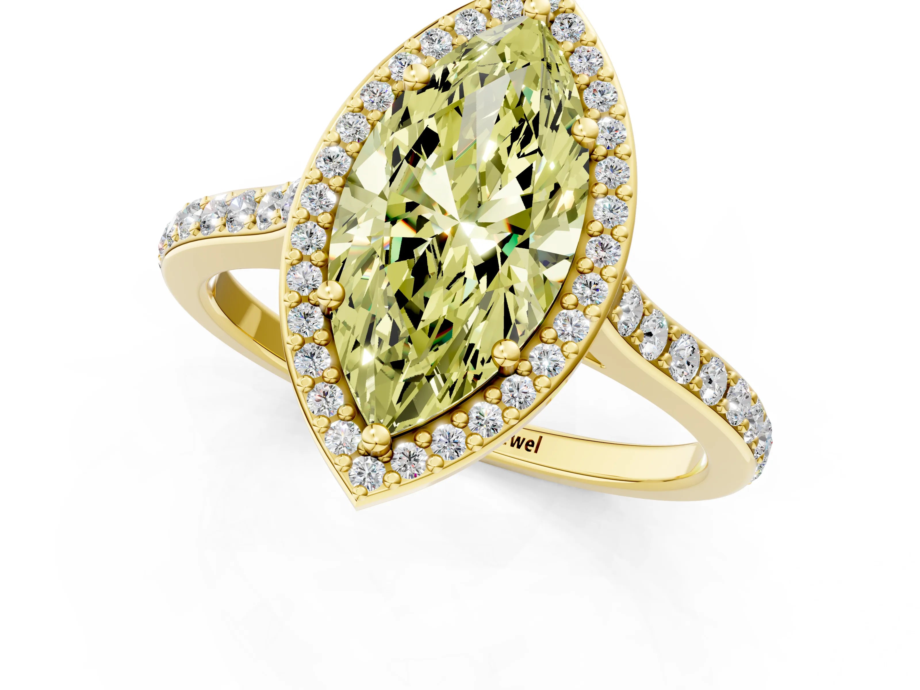 Yellow gold Fancy Yellow Marquise Cut Halo Round Diamond Pavé Band with Four-Prong Setting_4