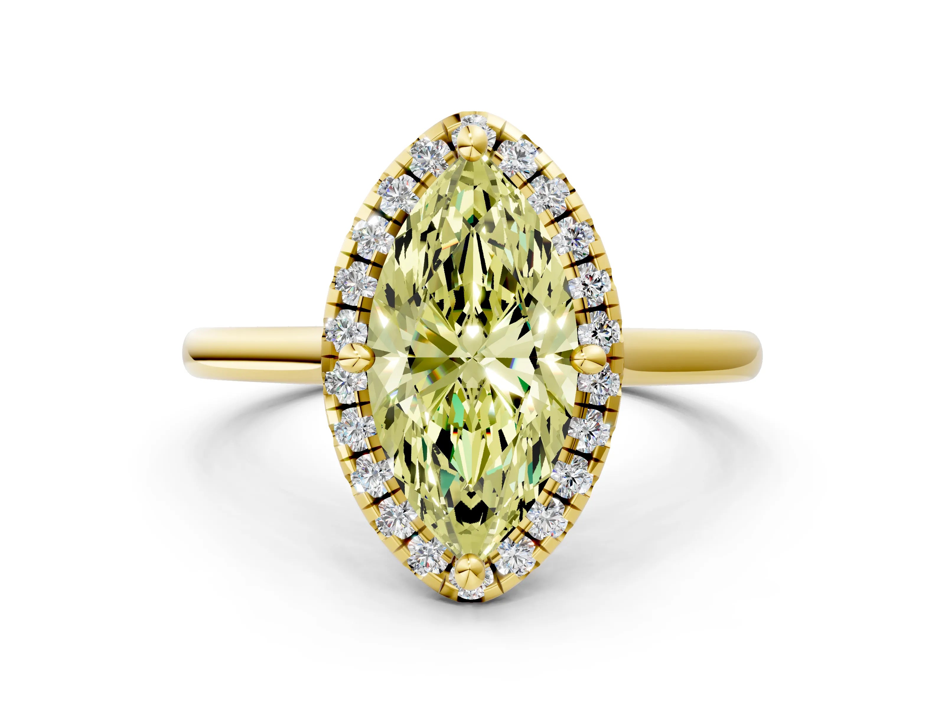 Yellow gold Fancy Yellow Marquise Cut Halo Round Diamond Solitaire Engagement Ring with Pave Band and Four-Prong Setting_12