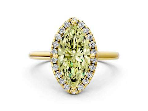 Yellow gold Fancy Yellow Marquise Cut Halo Round Diamond Solitaire Engagement Ring with Pave Band and Four-Prong Setting_12