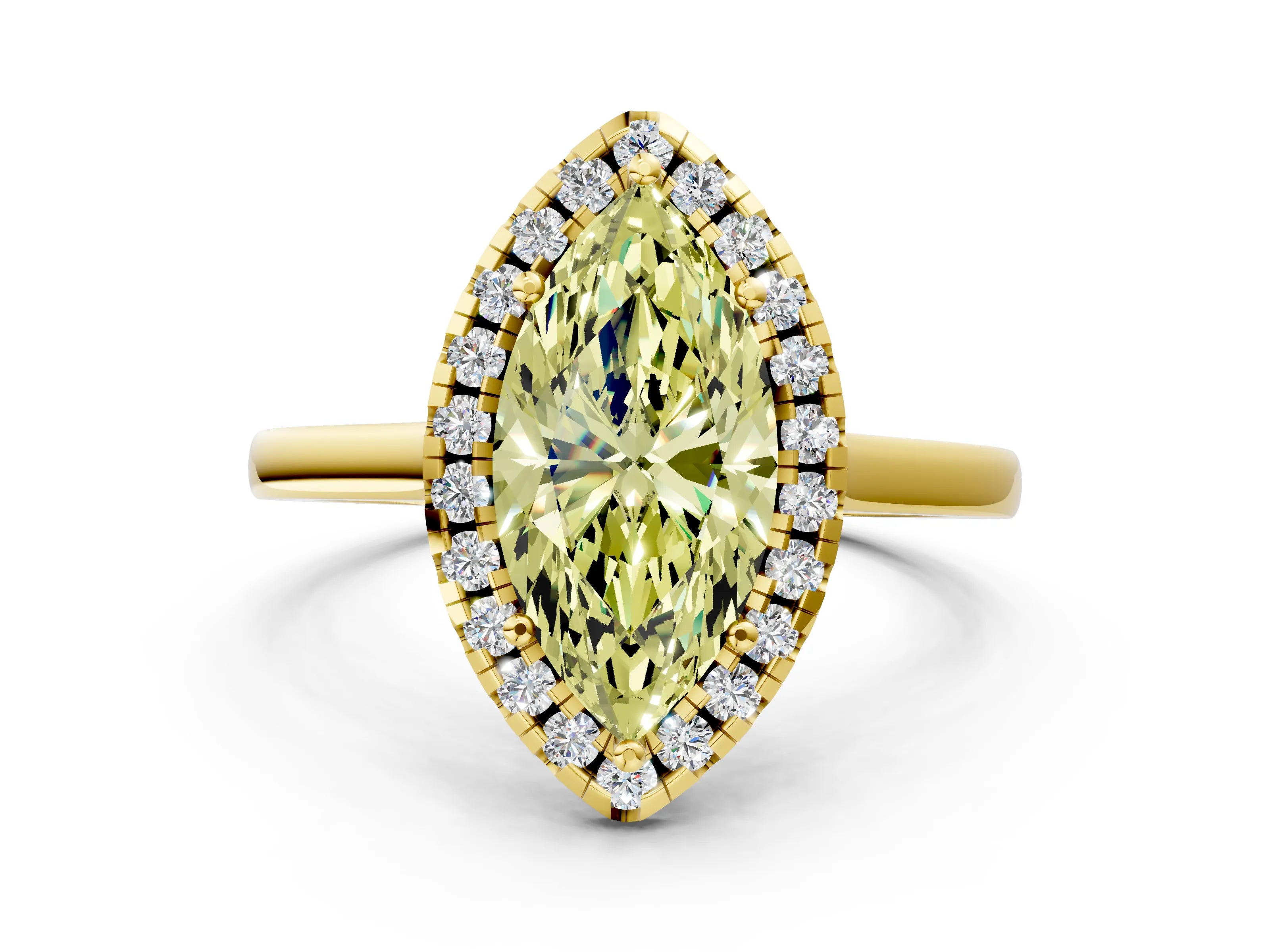 Yellow gold Fancy Yellow Marquise Cut Halo Round Diamond Solitaire Ring with Pavé Band and Four-Prong Setting