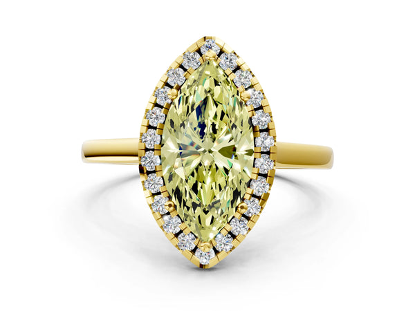 Yellow gold Fancy Yellow Marquise Cut Halo Round Diamond Solitaire Ring with Pavé Band and Four-Prong Setting