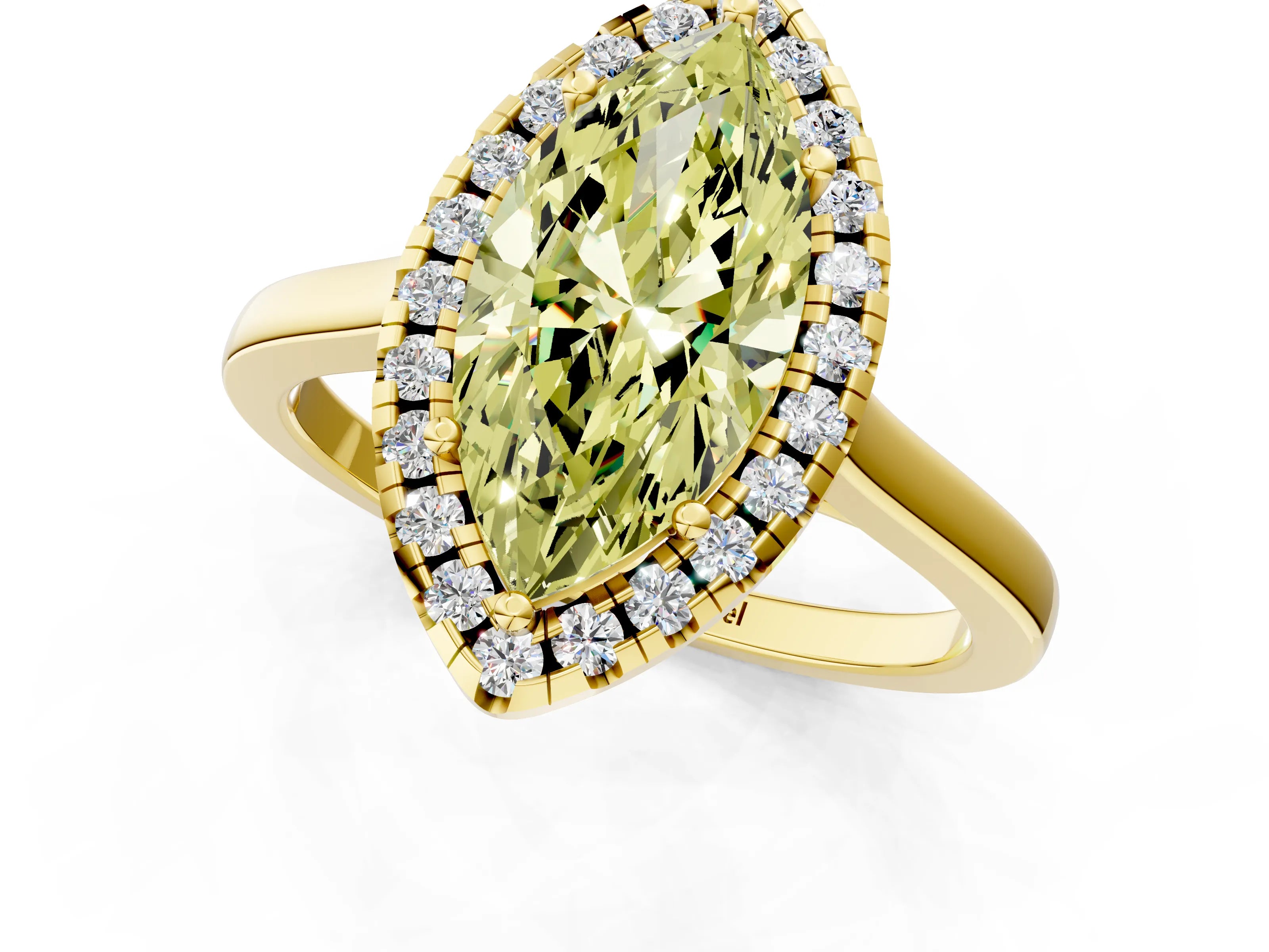 Yellow gold Fancy Yellow Marquise Cut Halo Round Diamond Solitaire Ring with Pavé Band and Four-Prong Setting_1