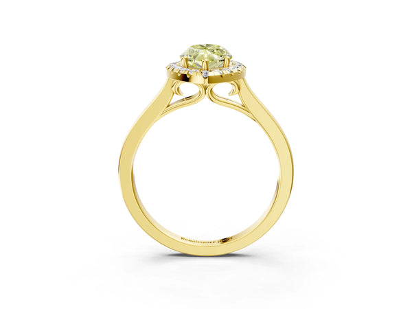 Yellow gold Fancy Yellow Marquise Cut Halo Round Diamond Solitaire Ring with Pavé Band and Four-Prong Setting