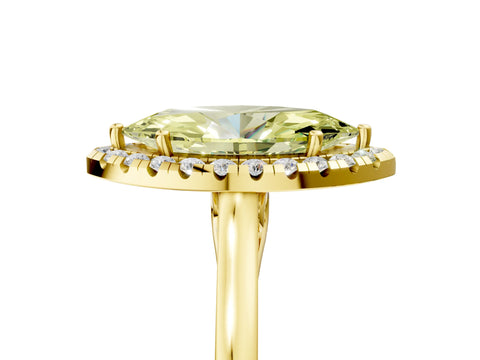 Yellow gold Fancy Yellow Marquise Cut Halo Round Diamond Solitaire Ring with Pavé Band and Four-Prong Setting_5