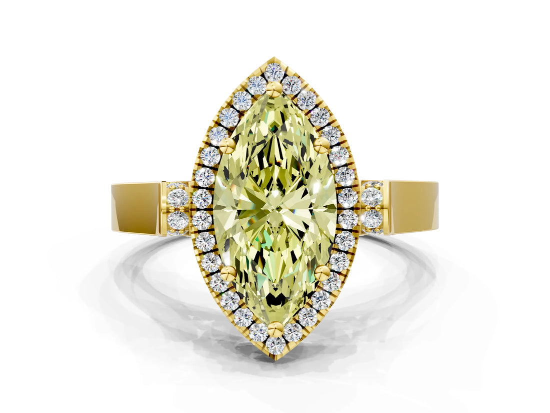 Yellow gold Fancy Yellow Marquise Cut Halo Round Diamond Twist Band with Four-Prong Setting