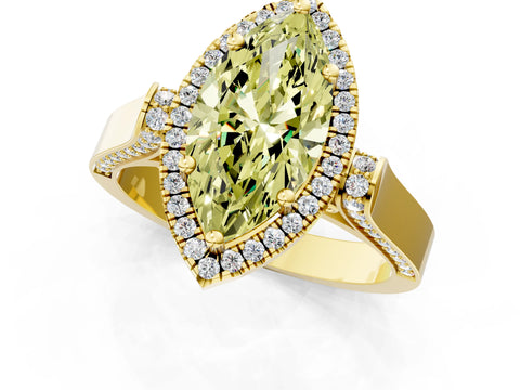 Yellow gold Fancy Yellow Marquise Cut Halo Round Diamond Twist Band with Four-Prong Setting_1