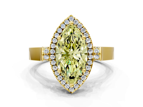 Yellow gold Fancy Yellow Marquise Cut Halo Round Diamond Twist Band with Four-Prong Setting