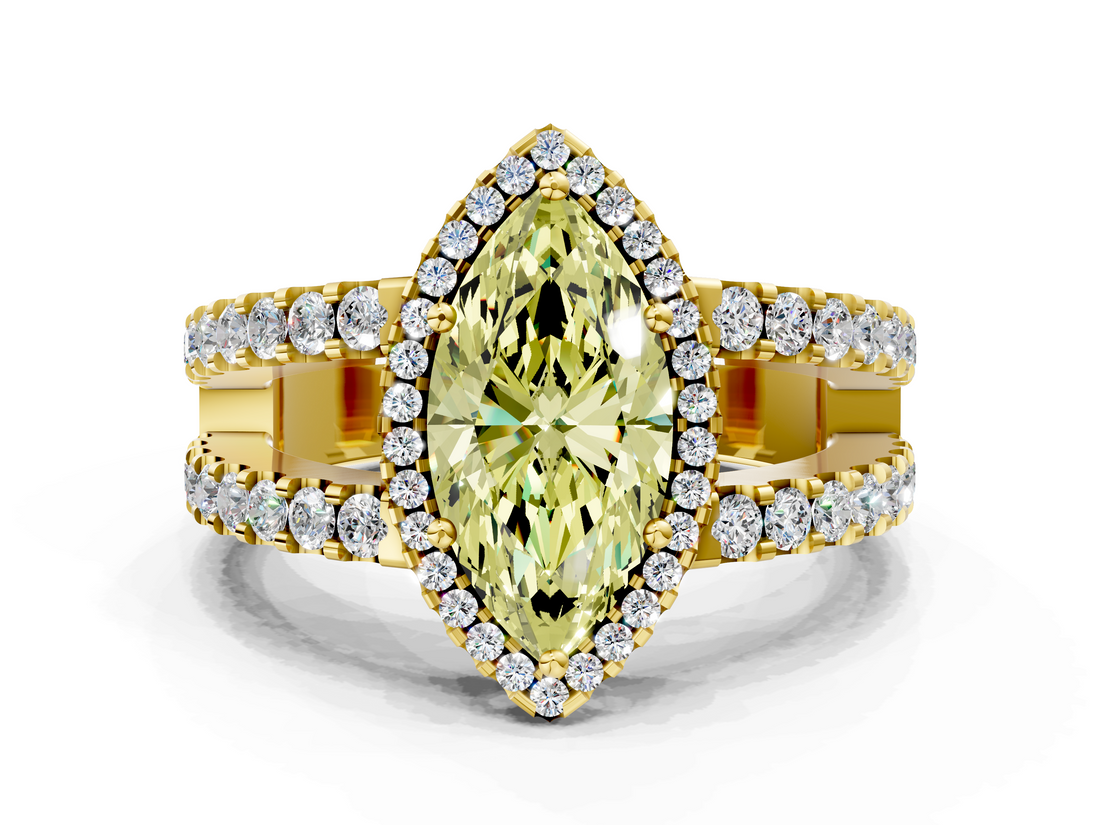 Yellow gold Fancy Yellow Marquise  Cut Halo Split Shank Diamond Ring with Four-Prong Setting