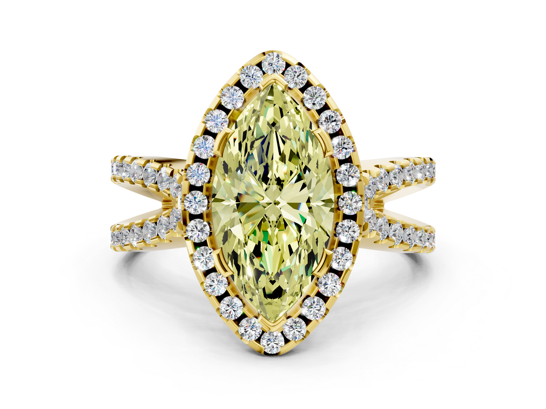 Yellow gold Fancy Yellow Marquise  Cut Halo Split Shank Pave Set Ring