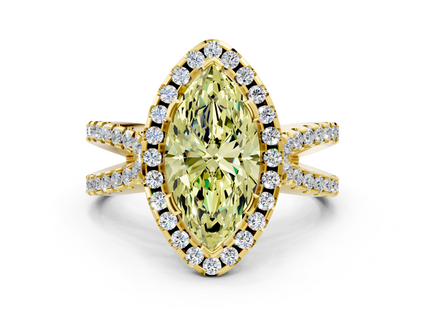 Yellow gold Fancy Yellow Marquise Cut Diamond Halo Ring with Split Shank Pavé Band and Prong Setting