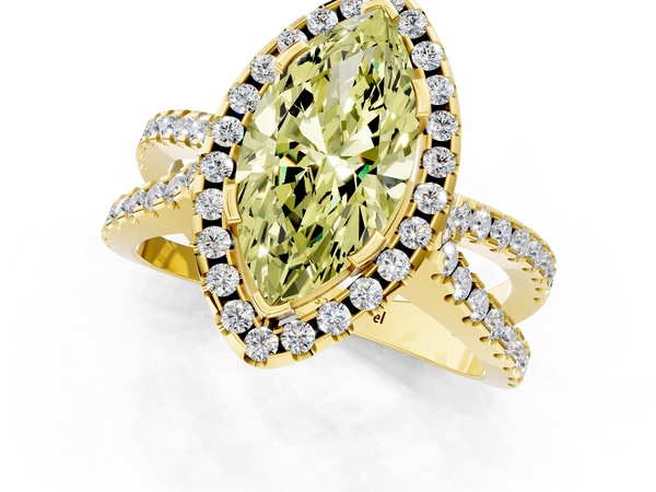 Yellow gold Fancy Yellow Marquise Cut Diamond Halo Ring with Split Shank Pavé Band and Prong Setting