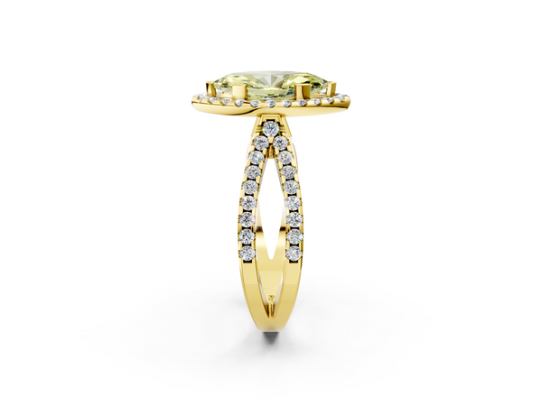 Yellow gold Fancy Yellow Marquise Cut Diamond Halo Ring with Split Shank Pavé Band and Prong Setting