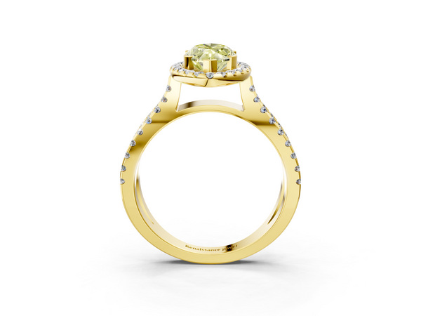 Yellow gold Fancy Yellow Marquise Cut Diamond Halo Ring with Split Shank Pavé Band and Prong Setting