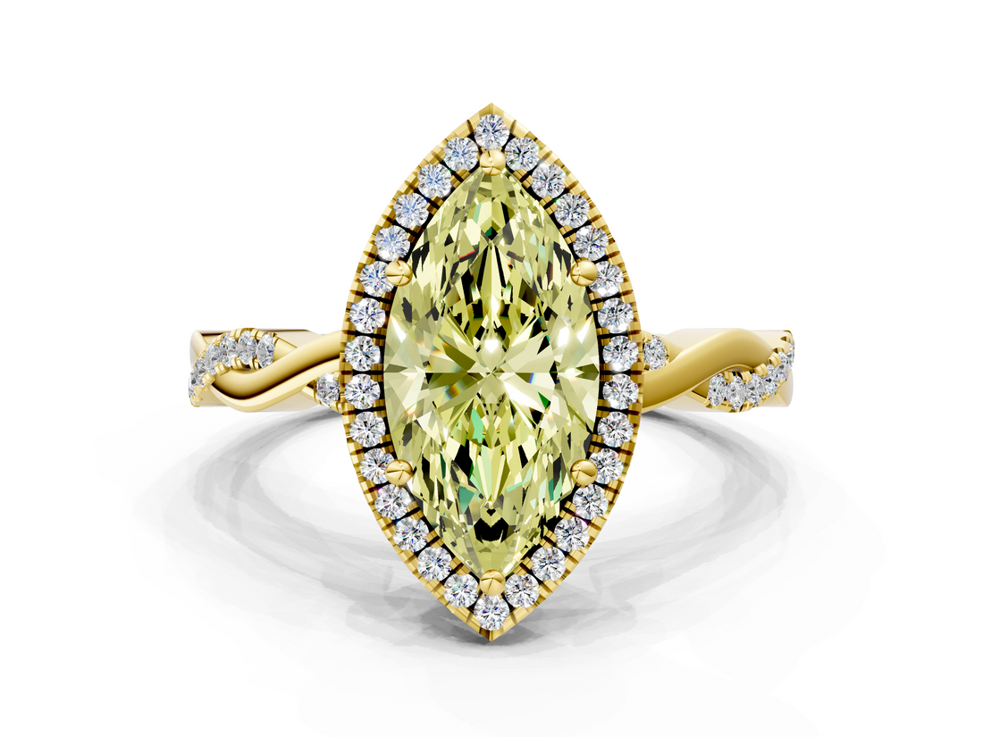 Yellow gold Fancy Yellow Marquise  Cut Halo Twisted Band Four-Prong Ring