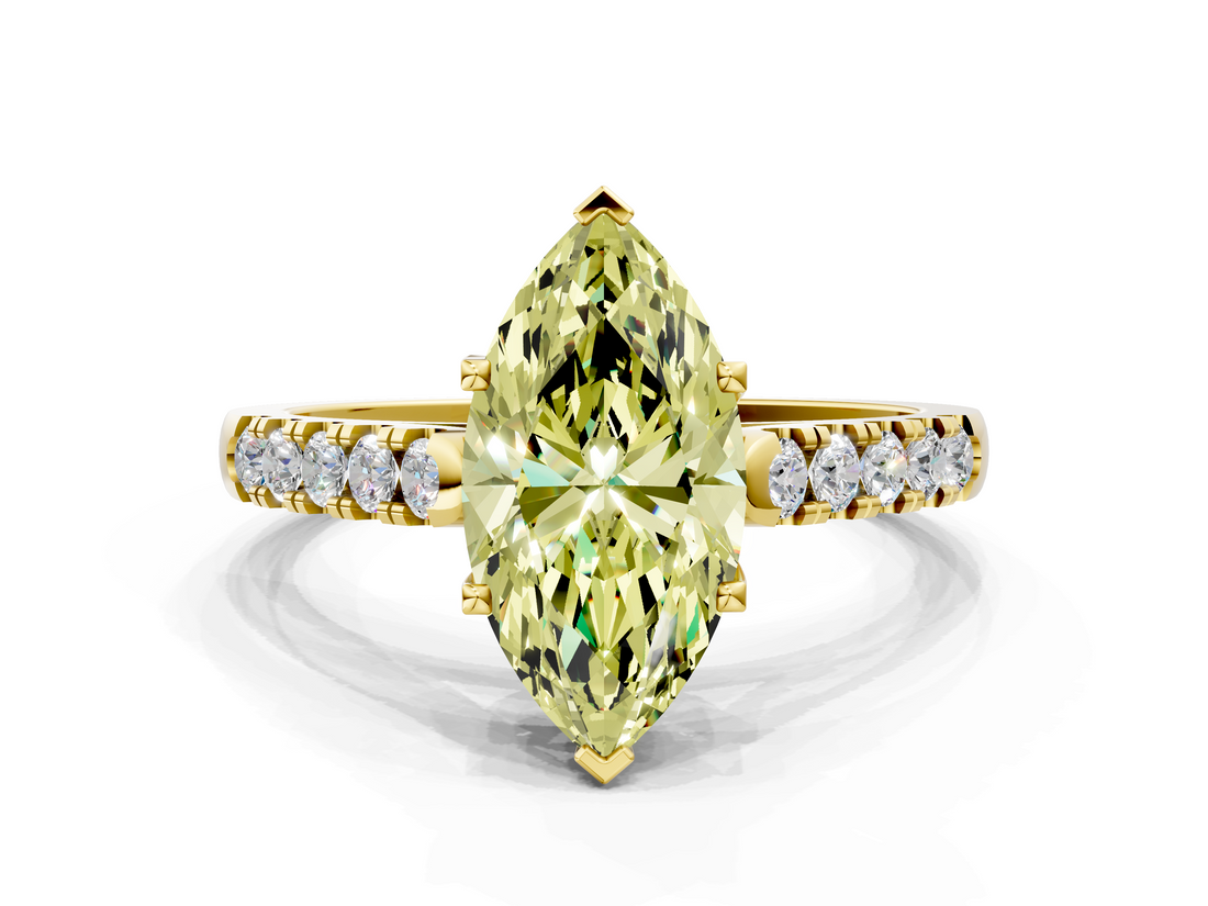 Yellow gold Fancy Yellow Marquise  Cut Pavé Band Solitaire Ring with Four-Prong Setting