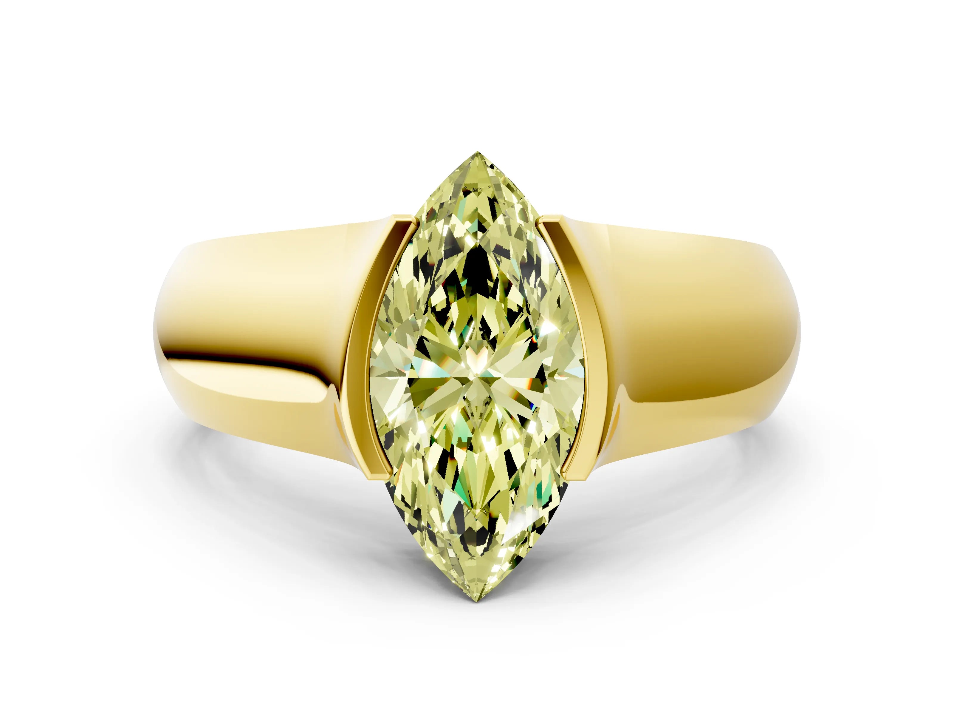 Yellow gold Fancy Yellow Marquise Cut Solitaire Bezel Set Diamond Ring with Wide Band