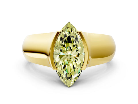 Yellow gold Fancy Yellow Marquise Cut Solitaire Bezel Set Diamond Ring with Wide Band