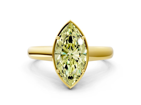 Yellow gold Fancy Yellow Marquise Cut Solitaire Diamond Engagement Ring with Four-Prong Setting and Tapered Band