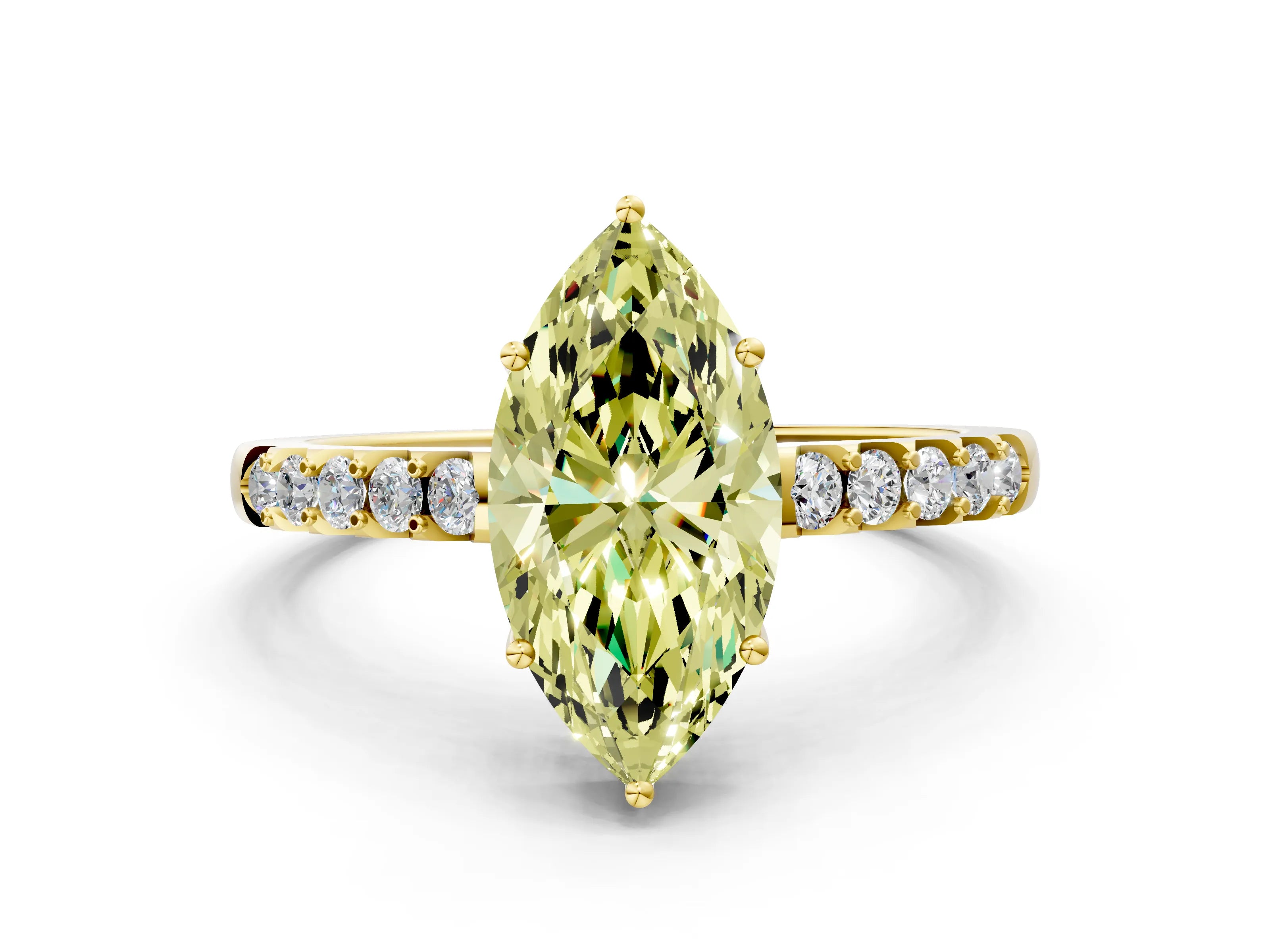 Yellow gold Fancy Yellow Marquise Cut Solitaire Diamond Engagement Ring with Pavé Band and Six-Prong Setting_12